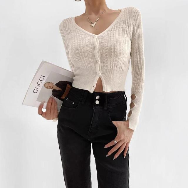 V-Neck Plain Ribbed Crop Cardigan Product Image