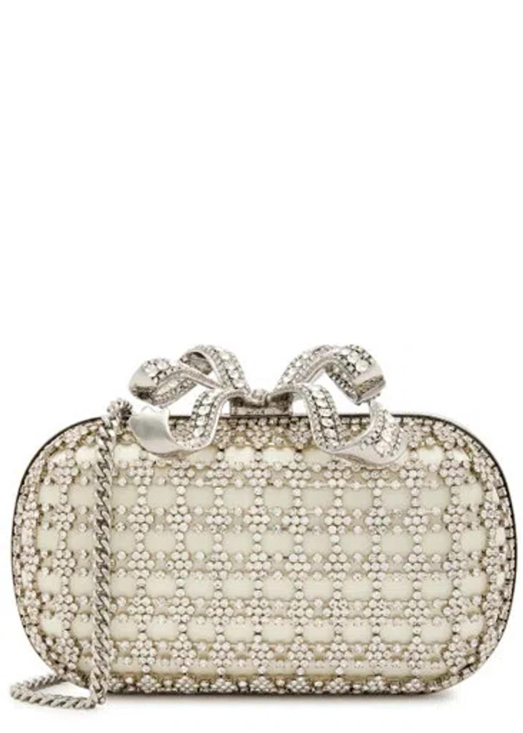 Bow Crystal-embellished Satin Box Clutch In Cream Product Image