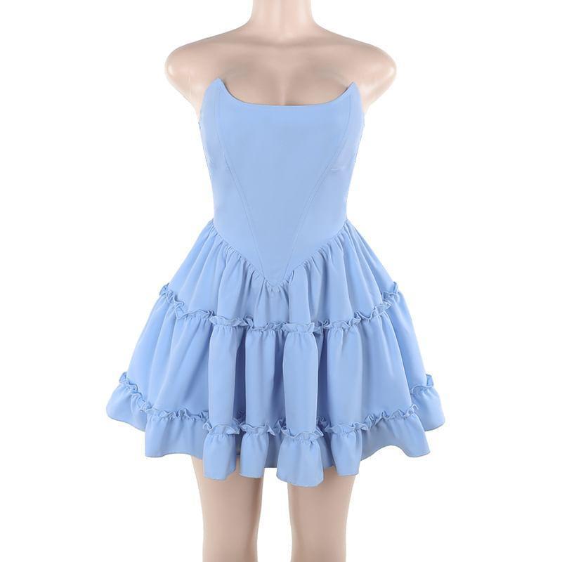 Strapless Sweetheart Neck Plain Ruffle Trim A-Line Mini Dress Product Image