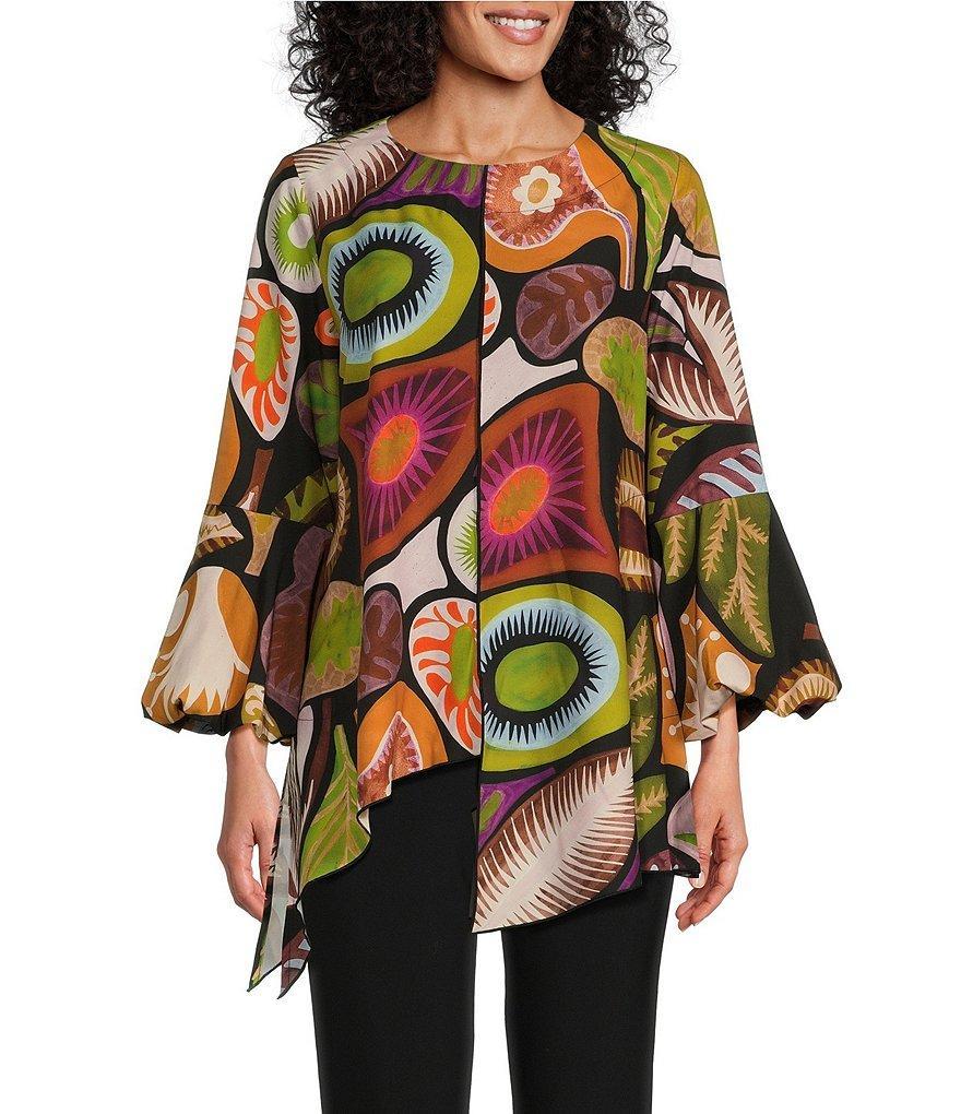 IC Collection Woven Abstract Print Round Neck Long Puff Sleeve High-Low Hem Tunic Product Image