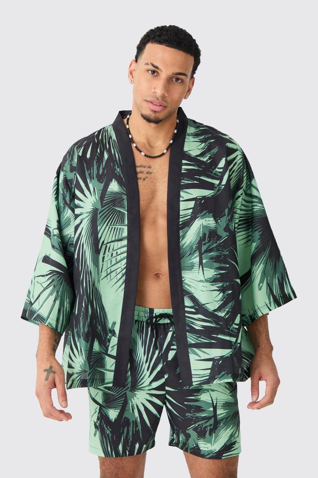 Mens Green Oversized Printed Kimono Shirt And Swim Short Set, Green Product Image