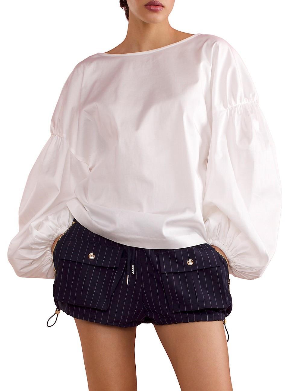 Womens Scallops Cotton Puff-Sleeve Blouse Product Image