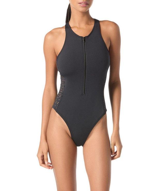 MICHAEL Michael Kors Solid Scuba High Neck Zip Front Laser Cut-Out One Piece Swimsuit Product Image