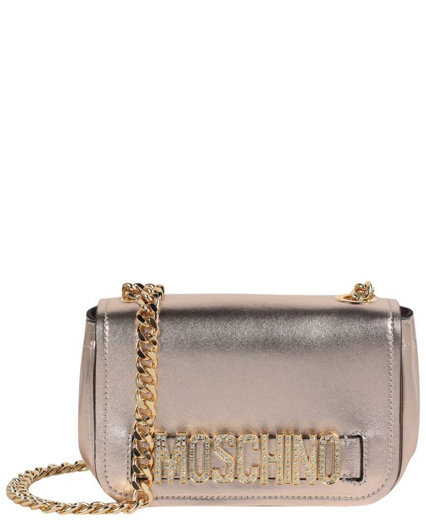 MOSCHINO Metallic Leather Crystal-embellished Logo Crossbody Bag In Gold Product Image