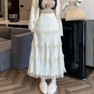 Elastic Waist Plain Tiered Lace Trim Midi A-Line Skirt Product Image