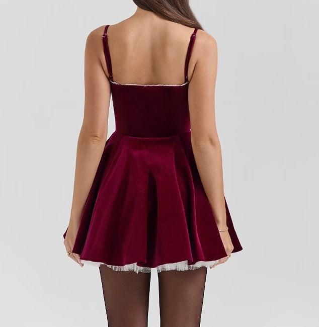 Spaghetti Strap Ruffled-Trim Plain Velvet Slim-Fit Mini A-Line Dress Product Image