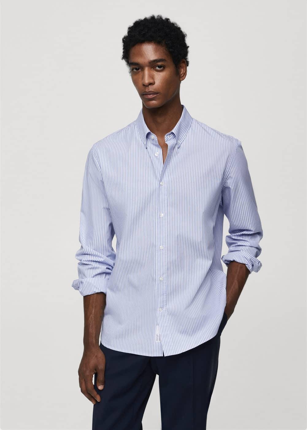 MANGO MAN - Regular fit striped cotton shirt blueMen Product Image