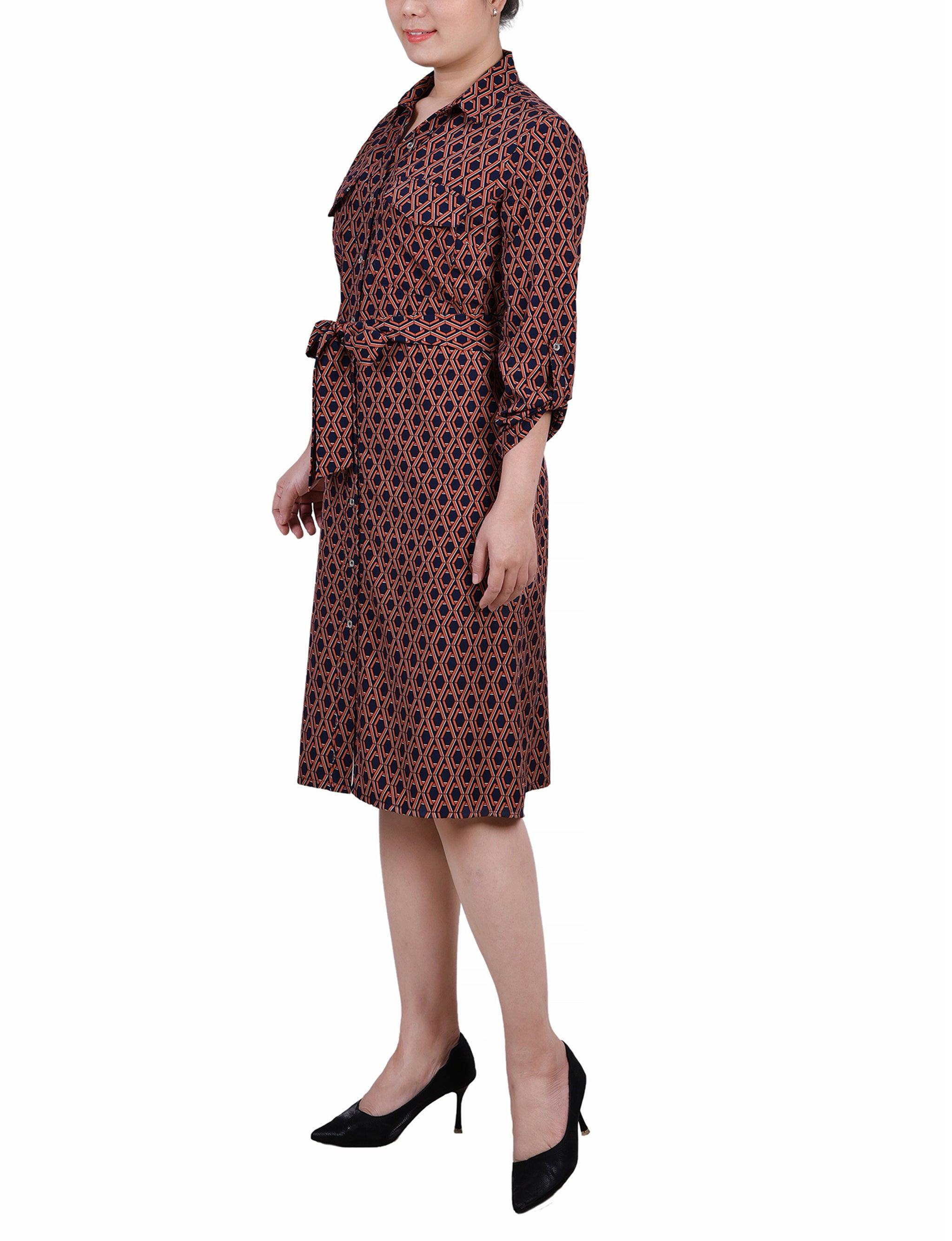 3/4 Length Roll Tab Sleeve Belted Shirtdress - Petite Product Image