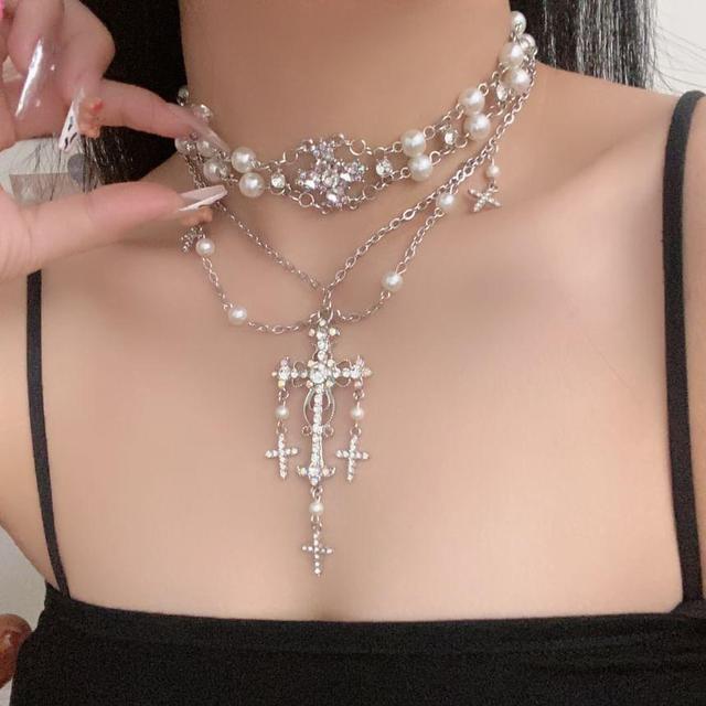 Rhinestone Cross Faux Pearl Layered Necklace Product Image