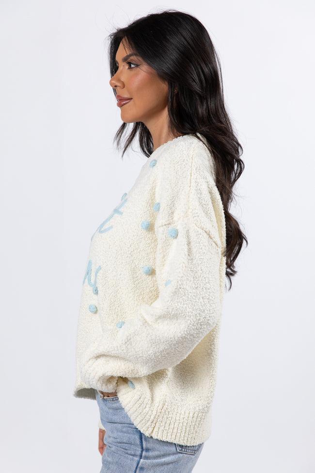 Let It Snow Ivory And Blue Fuzzy Pom Sweater FINAL SALE Product Image