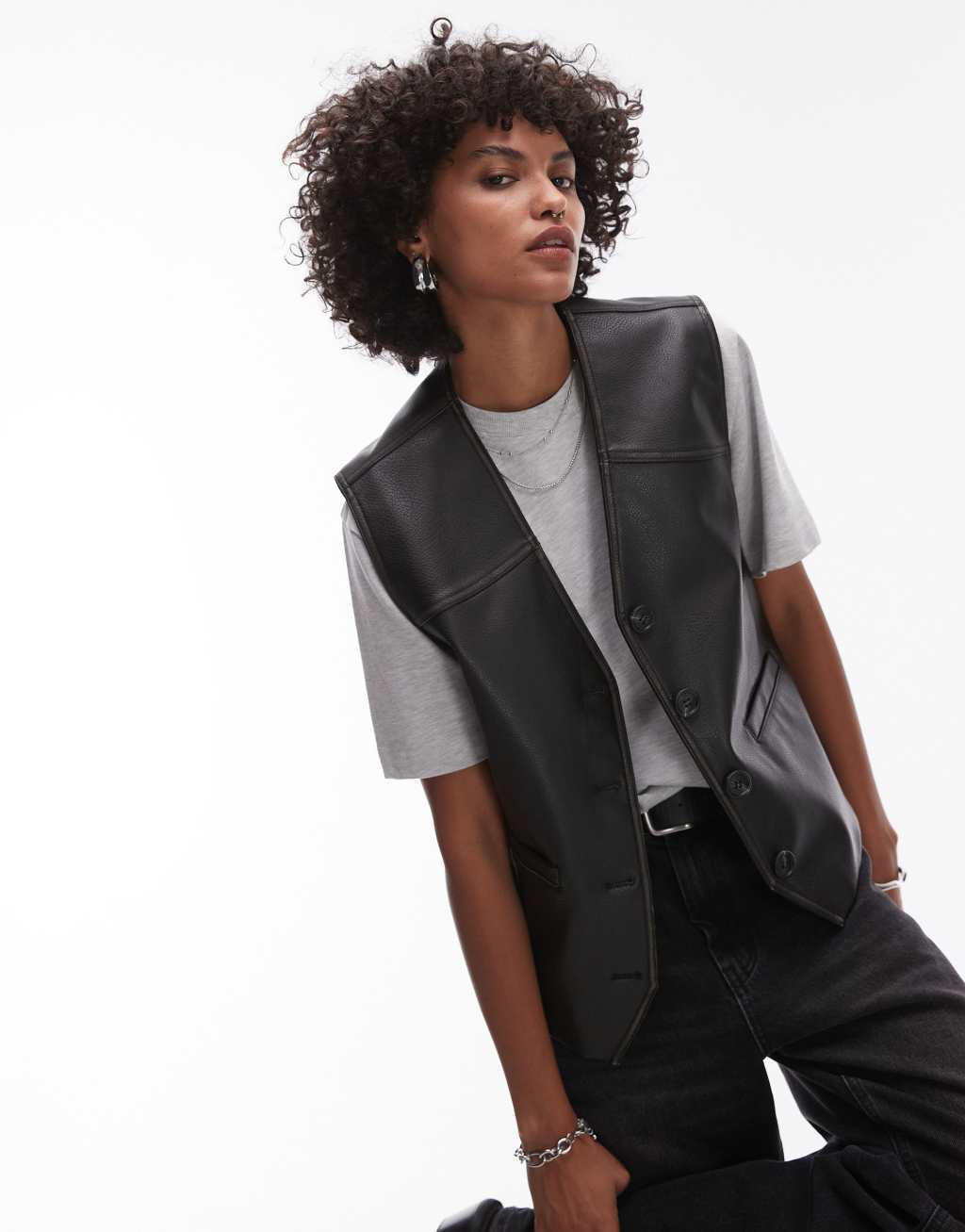 Topshop faux leather vest in black Product Image