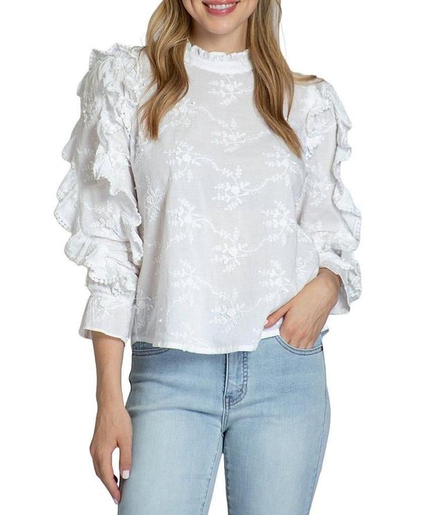 APNY Ruffle Embroidery Mock Neckline 3/4 Sleeve Top Product Image