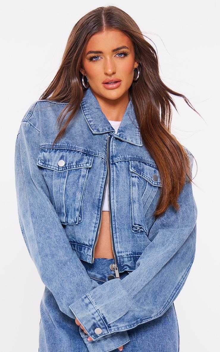 Mid Blue Wash Cropped Pocket Detail Denim Jacket Product Image