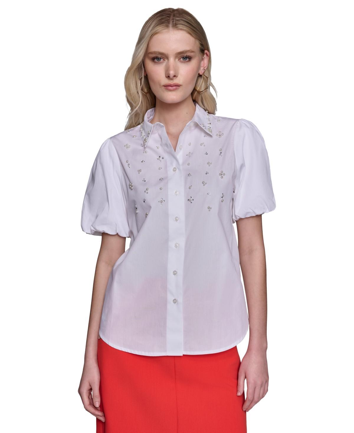 Karl Lagerfeld Womens Embellished Cotton Crinkle Top product image