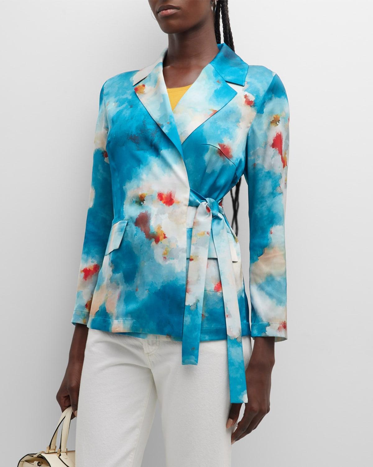 Watercolor-Print Side-Tie Crepe Jacket Product Image