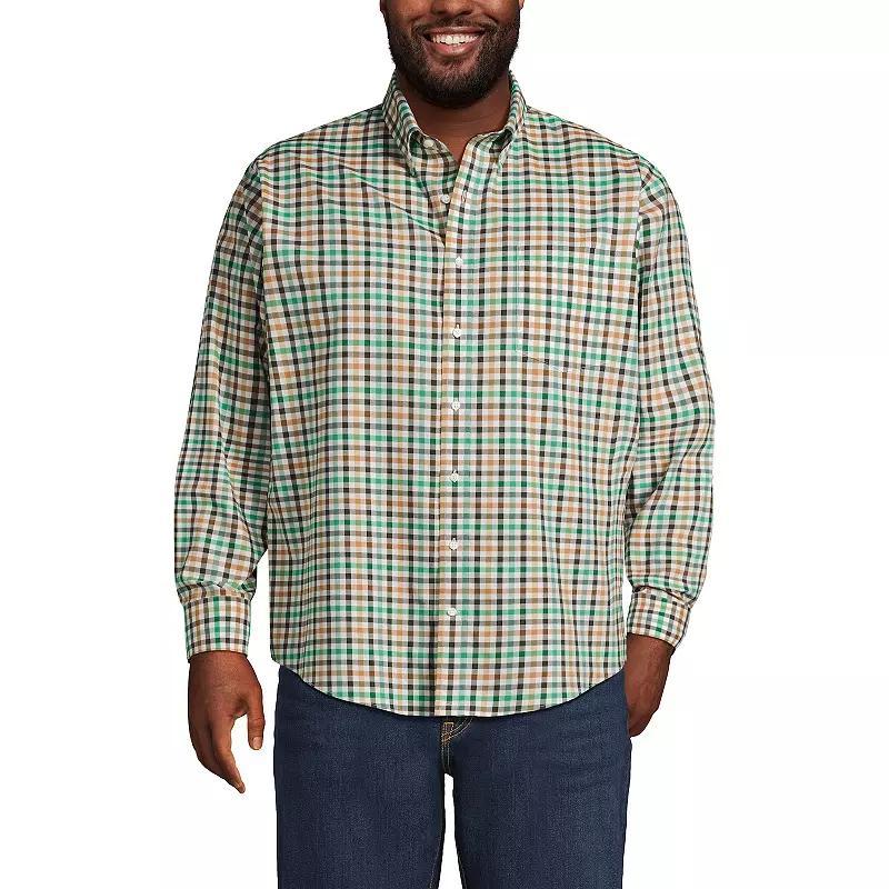 Big & Tall Lands End Plaid No-Iron Twill Button-Down Shirt, Mens Light Brown Check Product Image