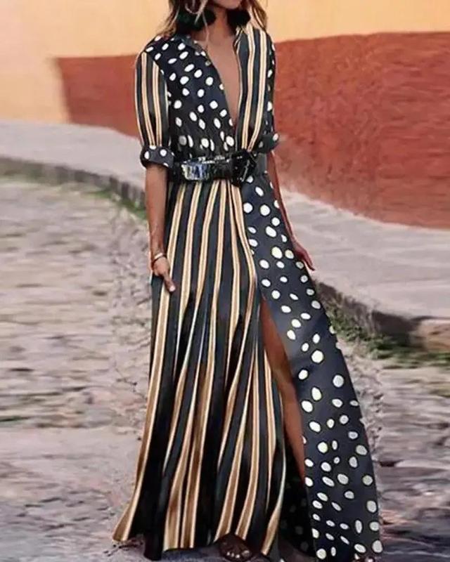 Olivia Mark – Long slit dress with polka dots and striped print Product Image