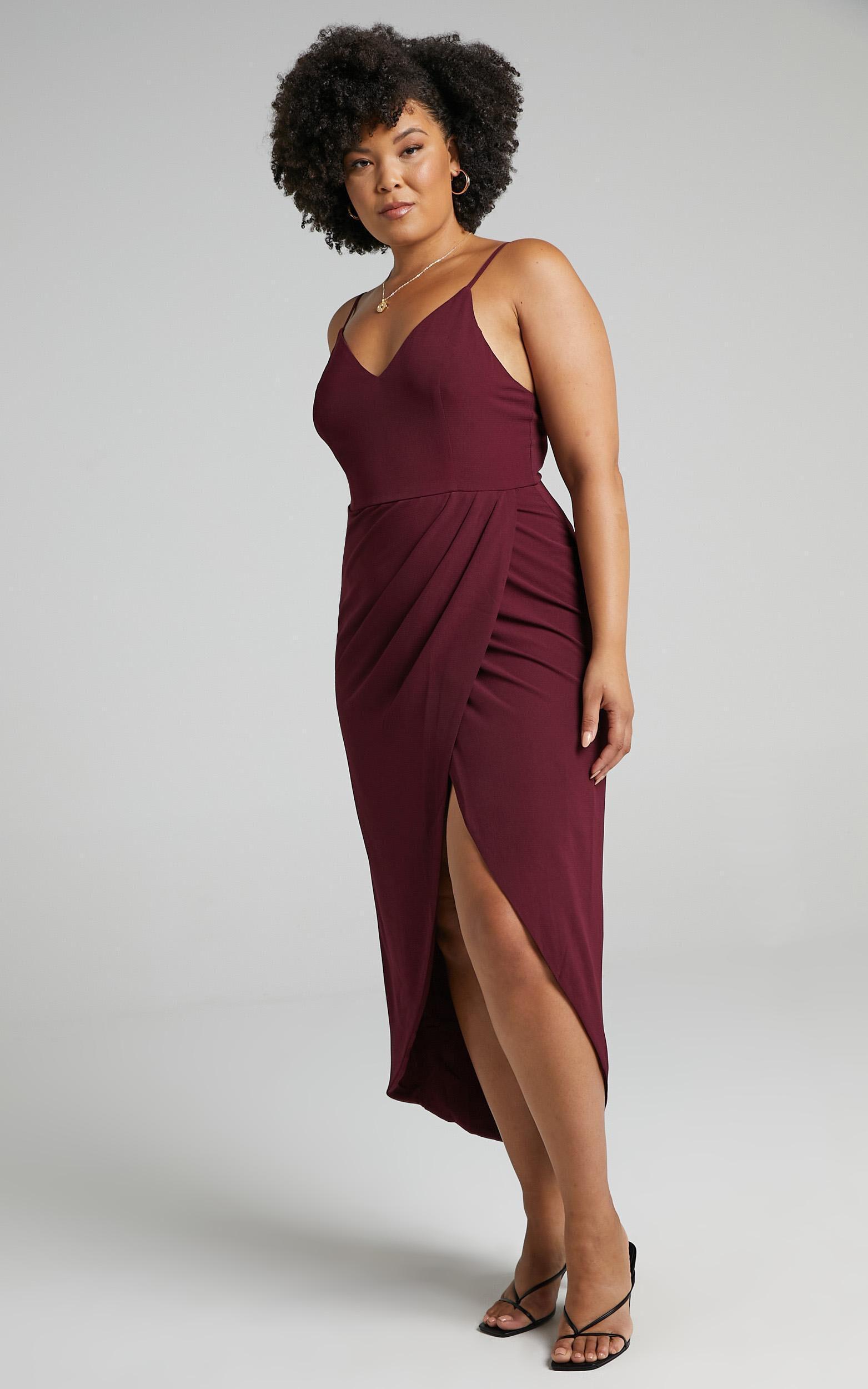 Lucky Day Midi Dress - V Neck Drape Dress in Wine Product Image