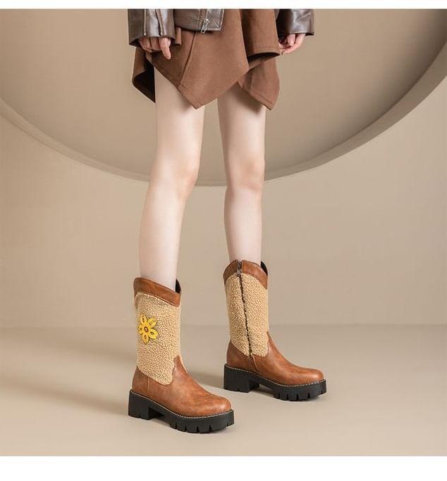 Platform Fleece Panel Floral Applique Zip-Up Faux Leather Short Boots Product Image