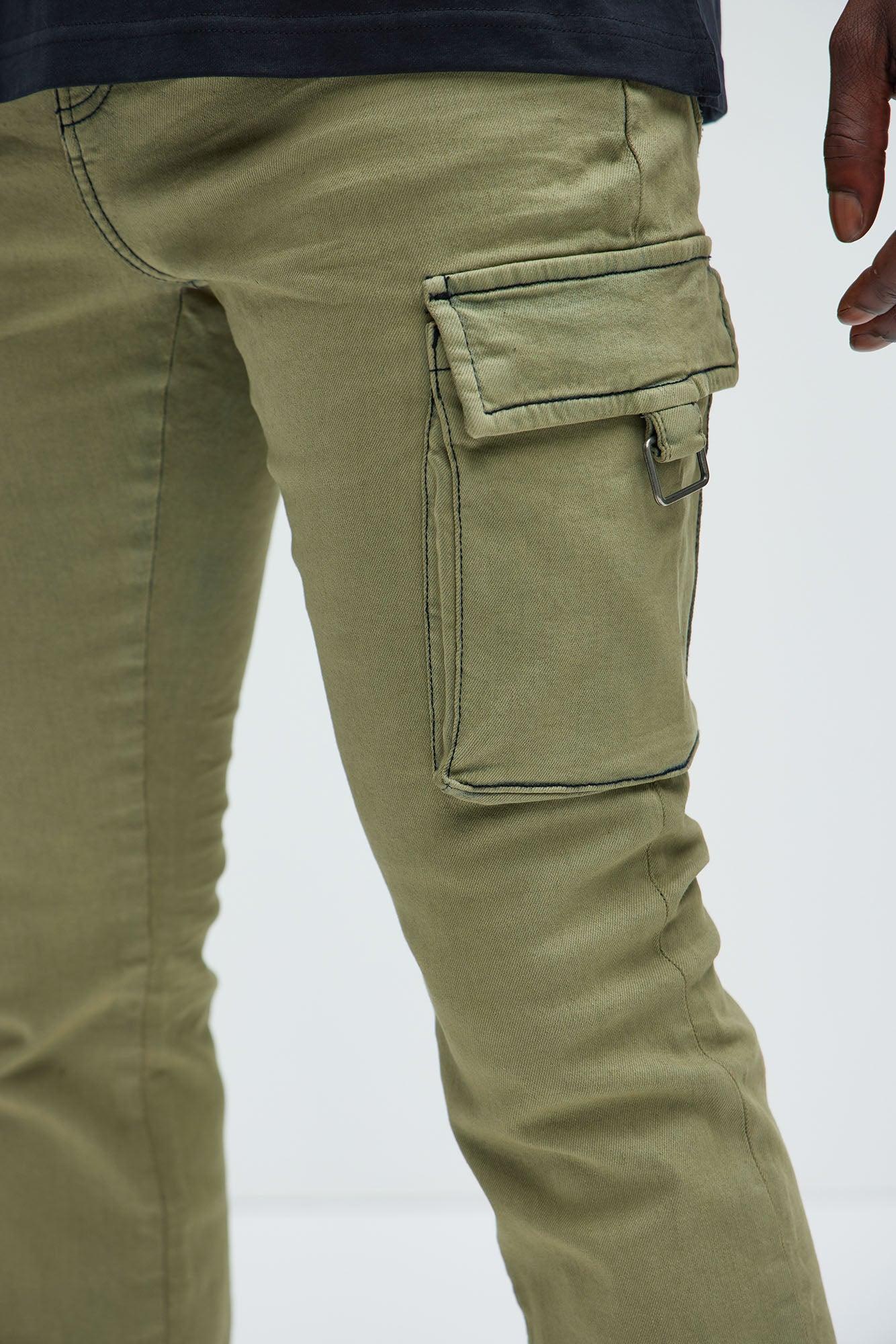 We On Cargo Stacked Skinny Zipper Flare Pants - Olive Product Image