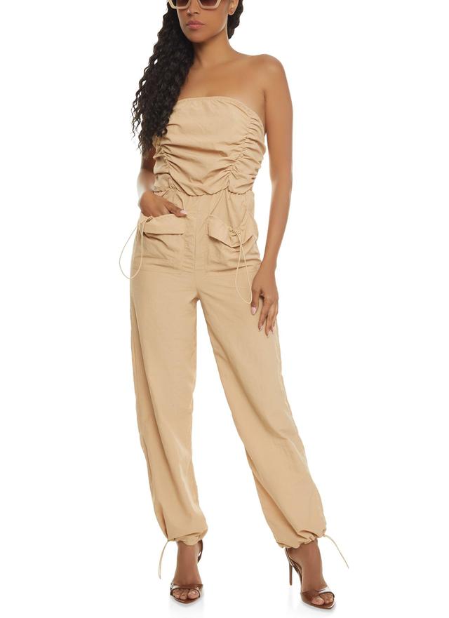 Womens Ruched Strapless Cargo Pocket Jumpsuit Product Image