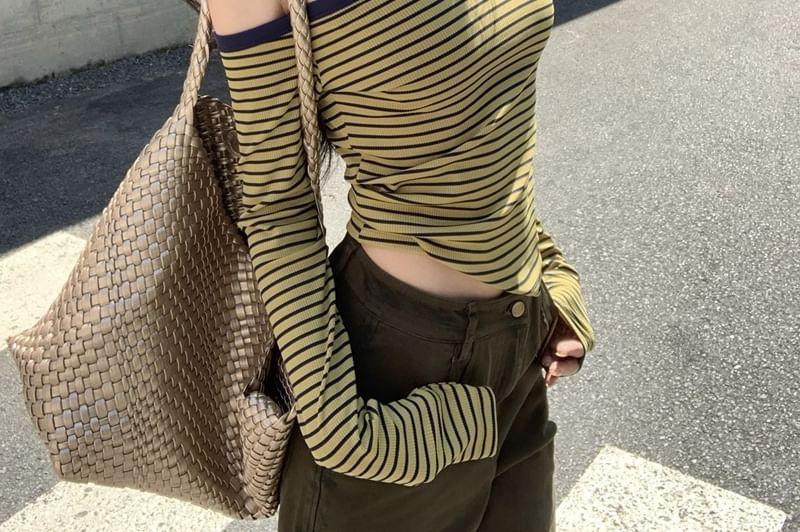 Long-Sleeve Off-Shoulder Striped Slim-Fit Top Product Image