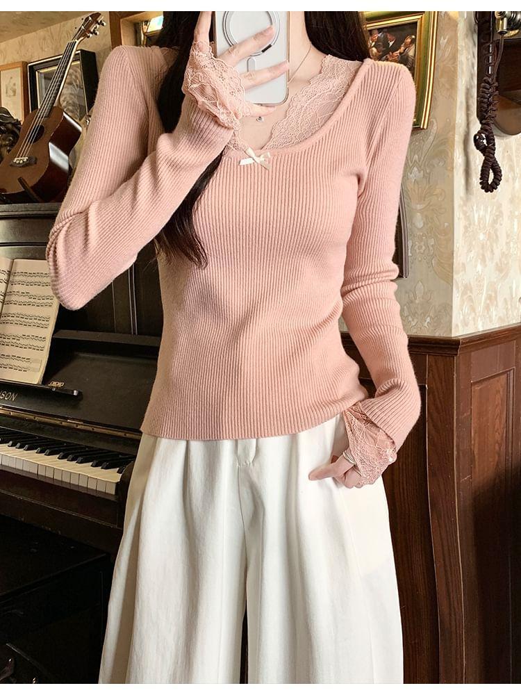 Long-Sleeve V-Neck Plain Lace Trim Ribbed Knit Top Product Image