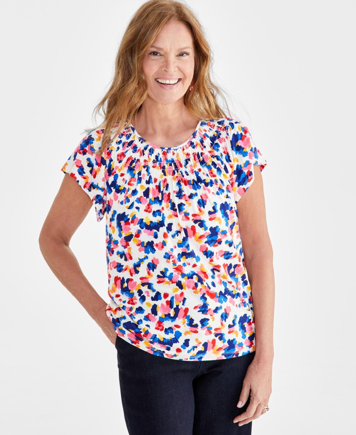 Women's Printed Smocked-Neck Knit Top, Created for Macy's Product Image