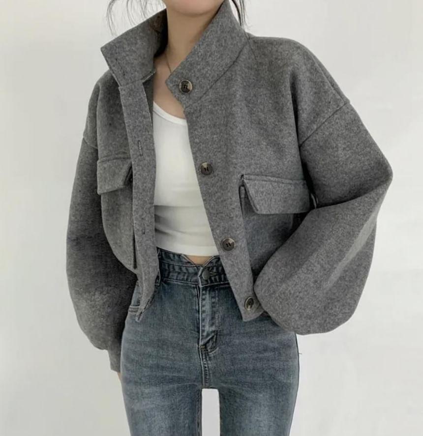 Stand Collar Crop Button Jacket Product Image