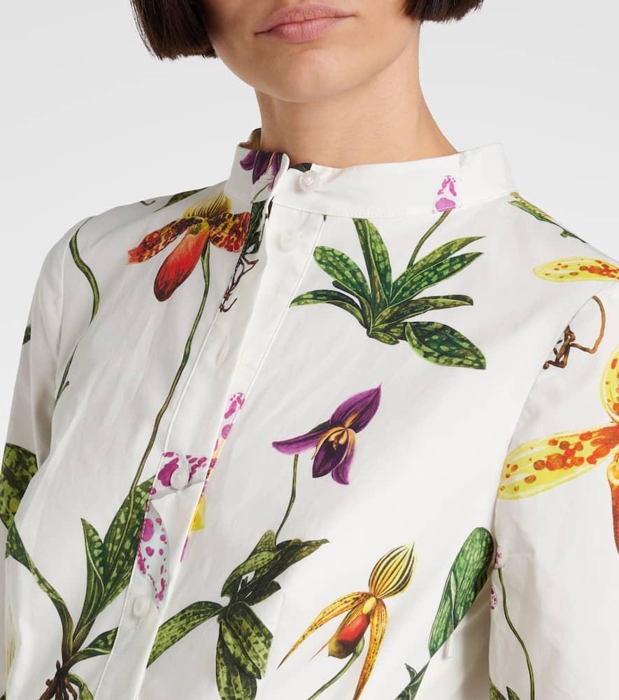 OSCAR DE LA RENTA Orchid Print Stretch Cotton Shirtdress In White Multi Product Image