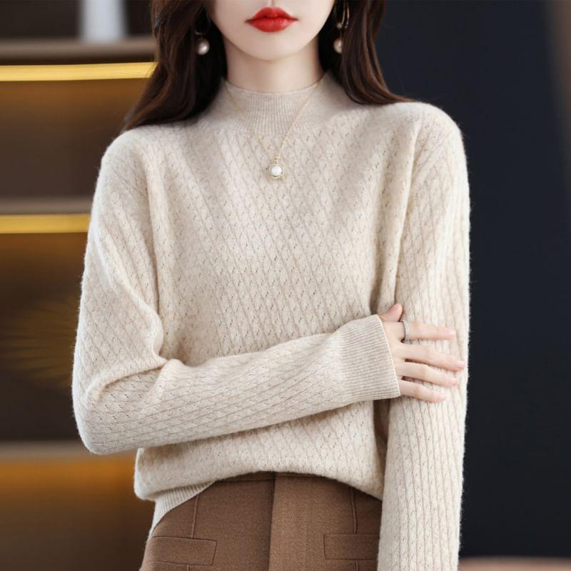 Long-Sleeve Mock Neck Plain Knit Top Product Image