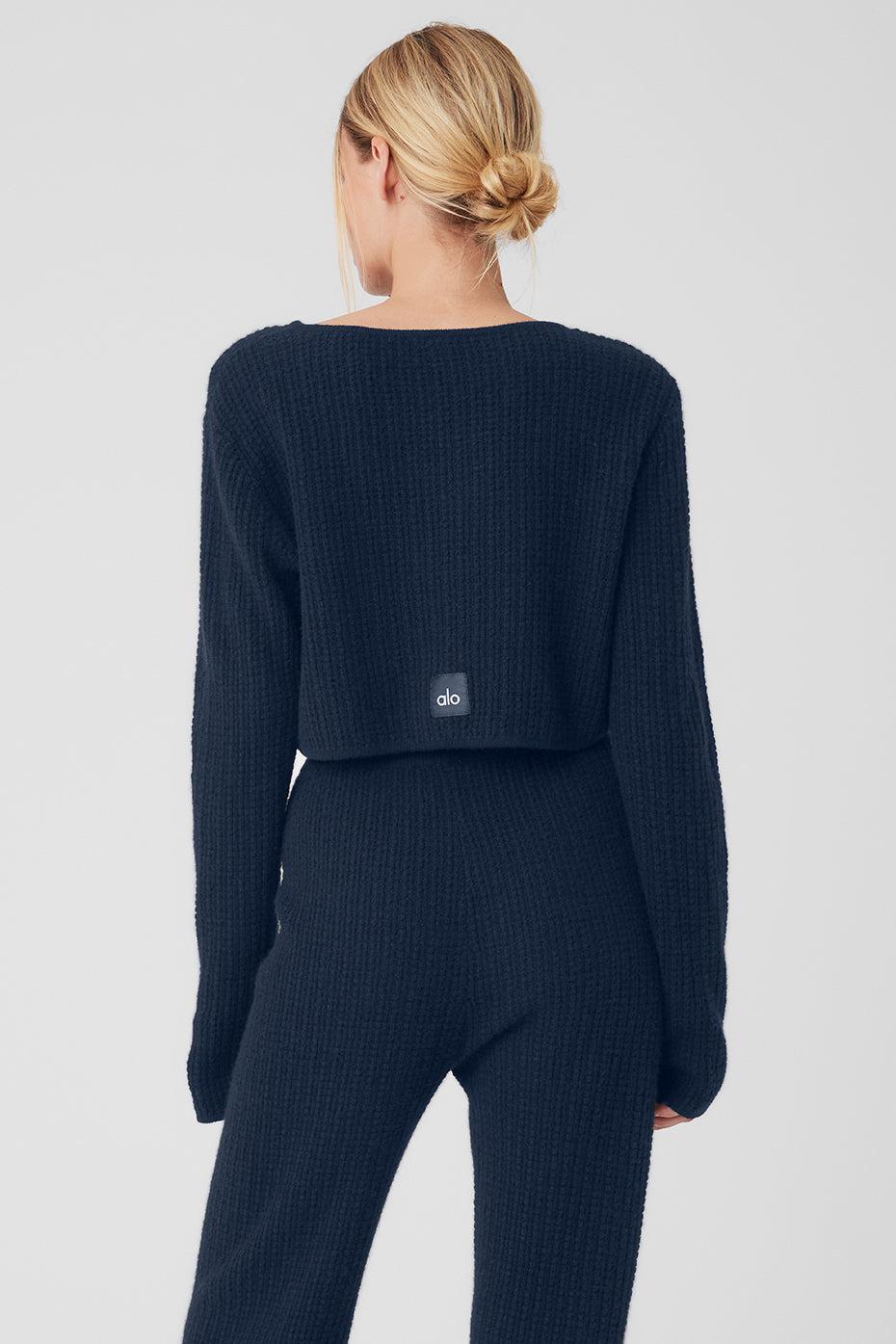 Cashmere Plush Waffle Cropped Long Sleeve Top Blue, Size: XS Product Image