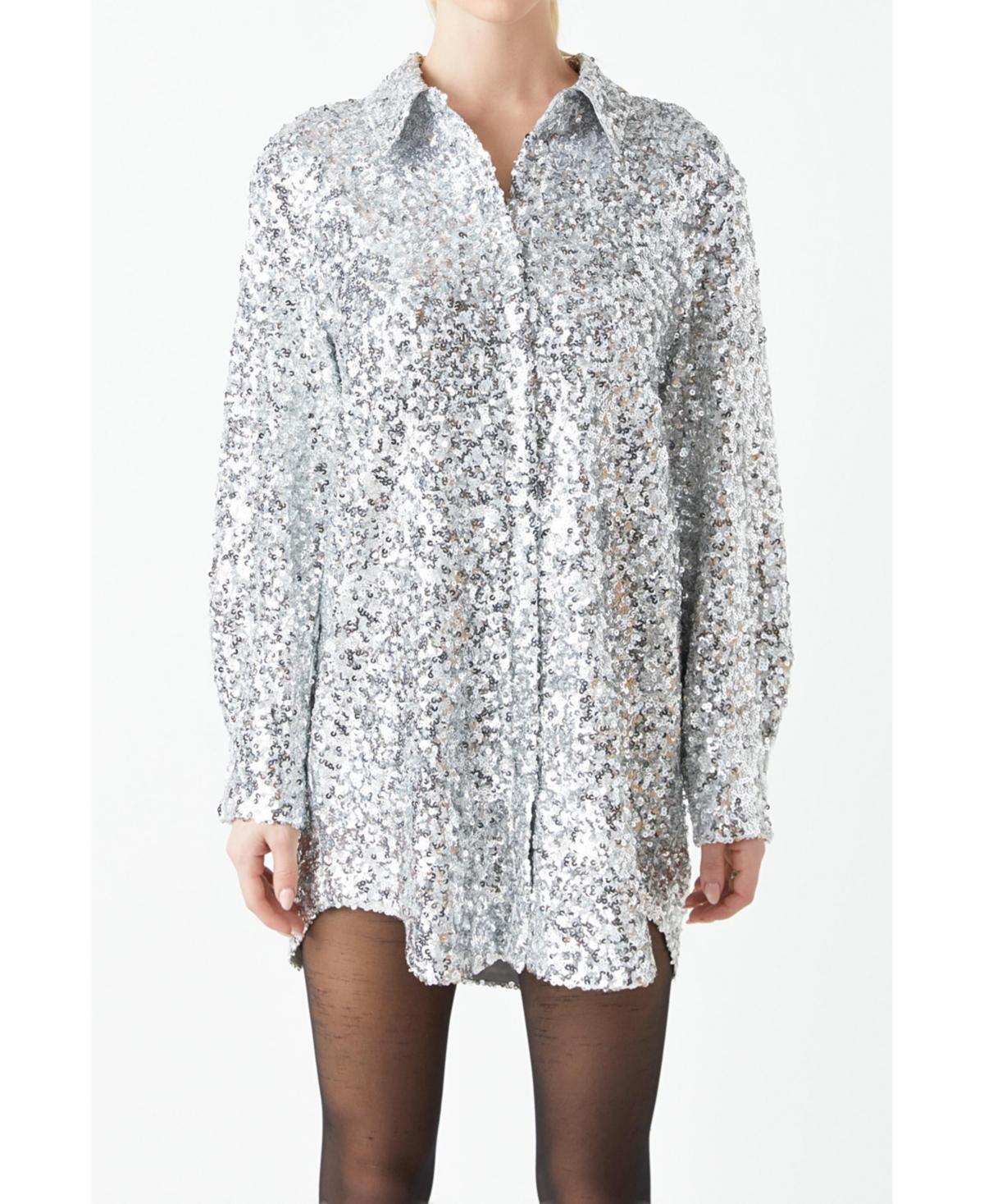 Grey Lab Sequin Long Sleeve Mini Shirtdress Product Image