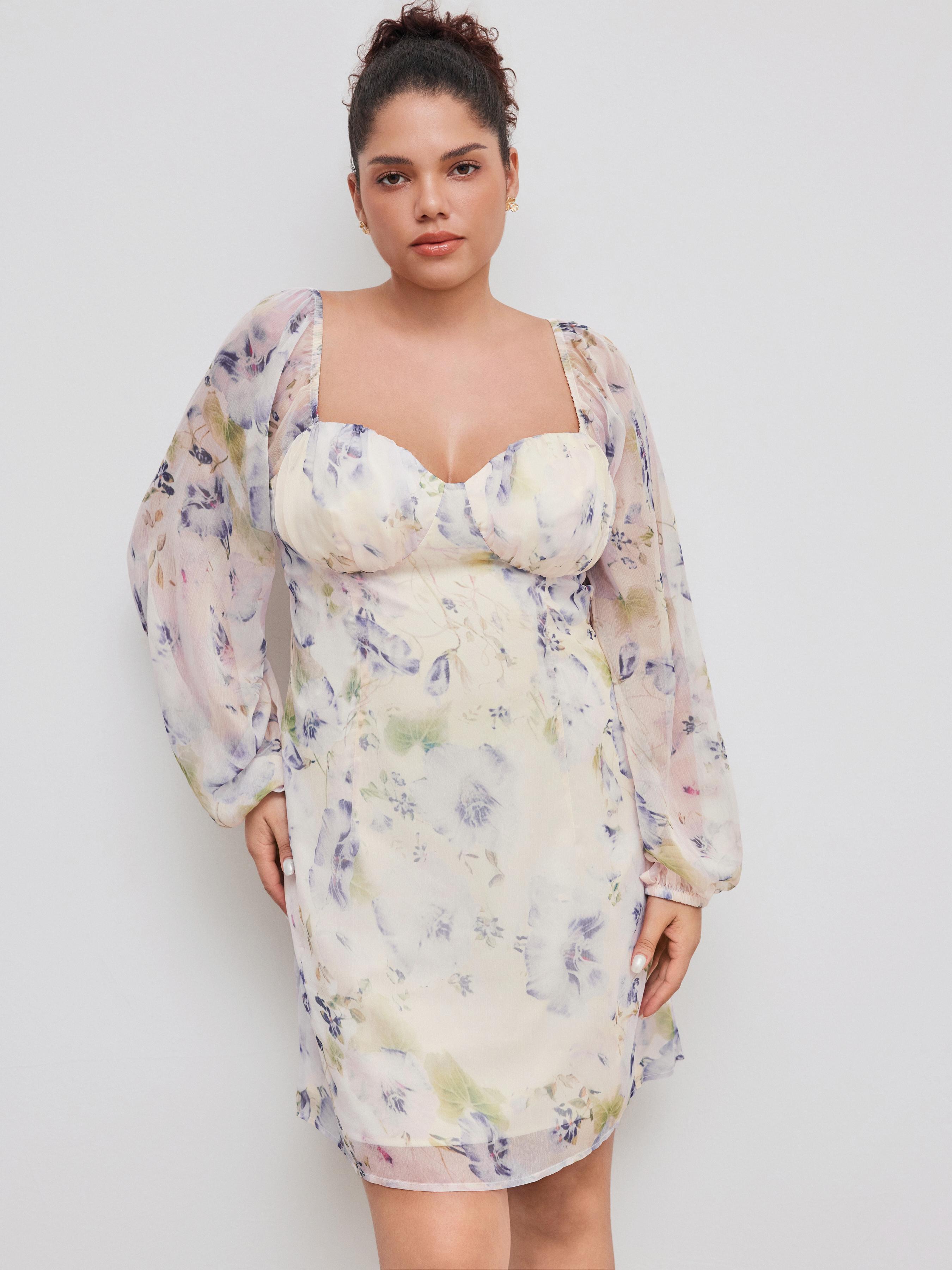 Sweetheart Neckline Floral Long Sleeve Mini Dress Curve & Plus Product Image