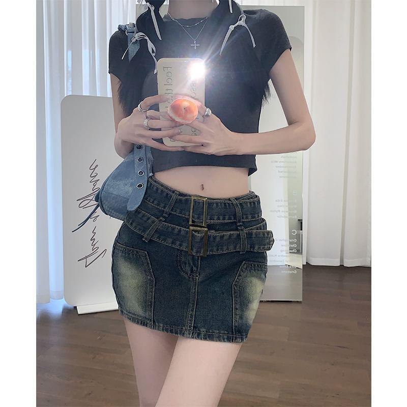 High Rise Washed Denim Pencil Mini Skirt Product Image