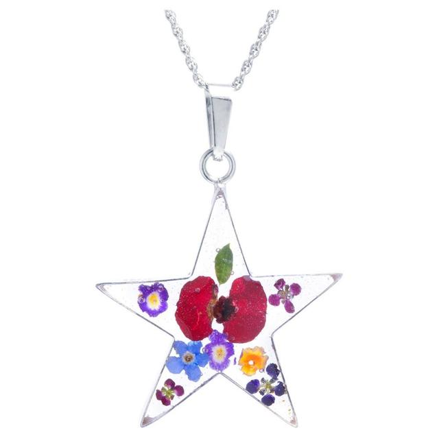 Womens Sterling Silver Pressed Flowers Star Pendant Necklace (18) Product Image