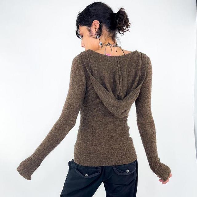 Long Sleeve V-Neck Plain Hood Button Knit Top Product Image