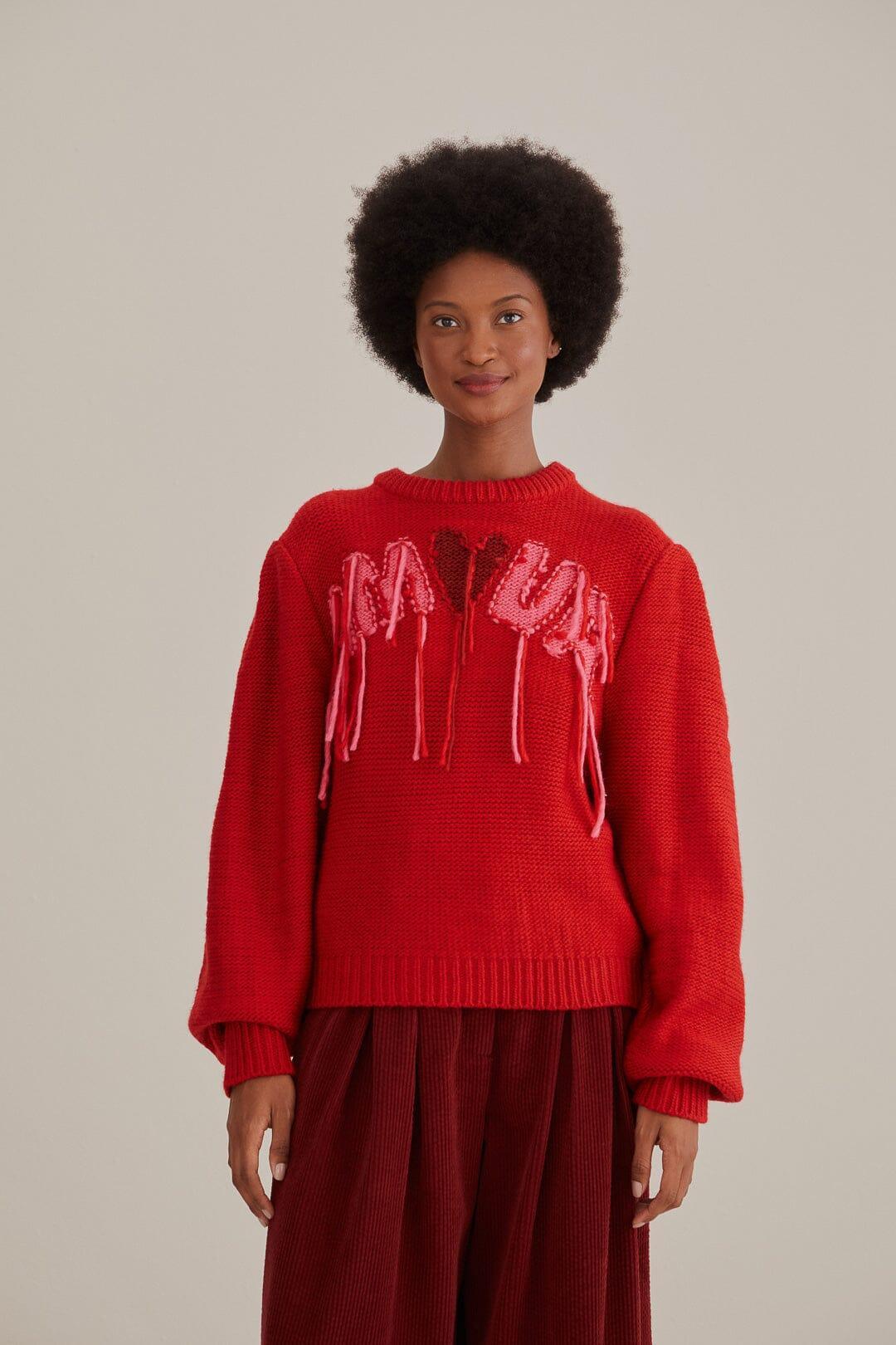 Amour Embroidered Knit Sweater, AMOUR EMBROIDERY RED / XL Product Image