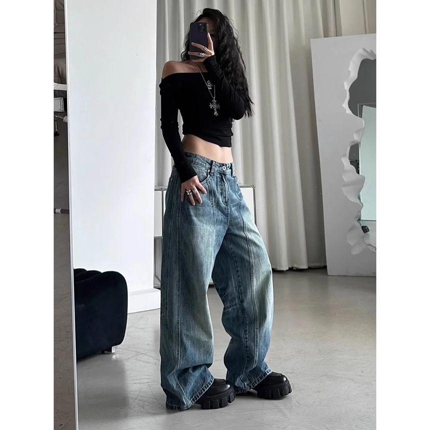 Low Rise Washed Wide Leg Jeans Product Image