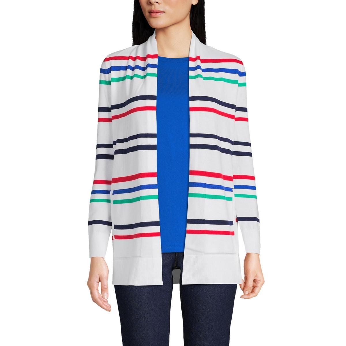 Womens Lands End Open-Front Long Cardigan Sweater Blue Red Stripe Product Image