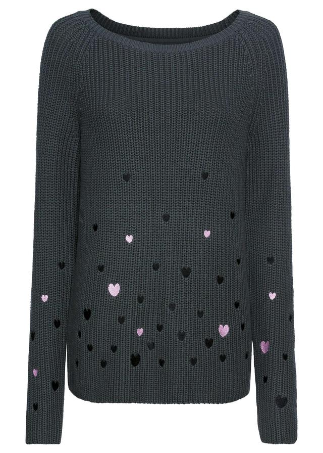 Heart Embroidered Sweater - Dark Grey Product Image