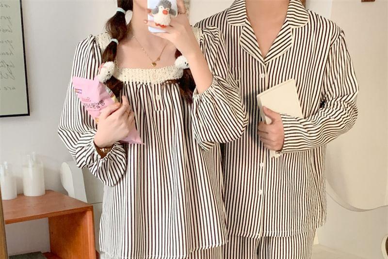 Couple Matching Long-Sleeve Striped Pajama Top / Pants / Midi Sleep Dress / Set (Various Designs) Product Image