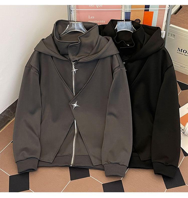 Plain Star Studded Hooded Mock Two-Piece Zip Jacket Product Image