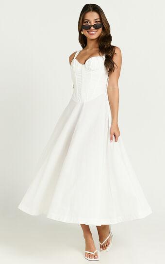 Jonas Midi Dress - Ruched Corset Lace Trim Dress in Ivory Product Image