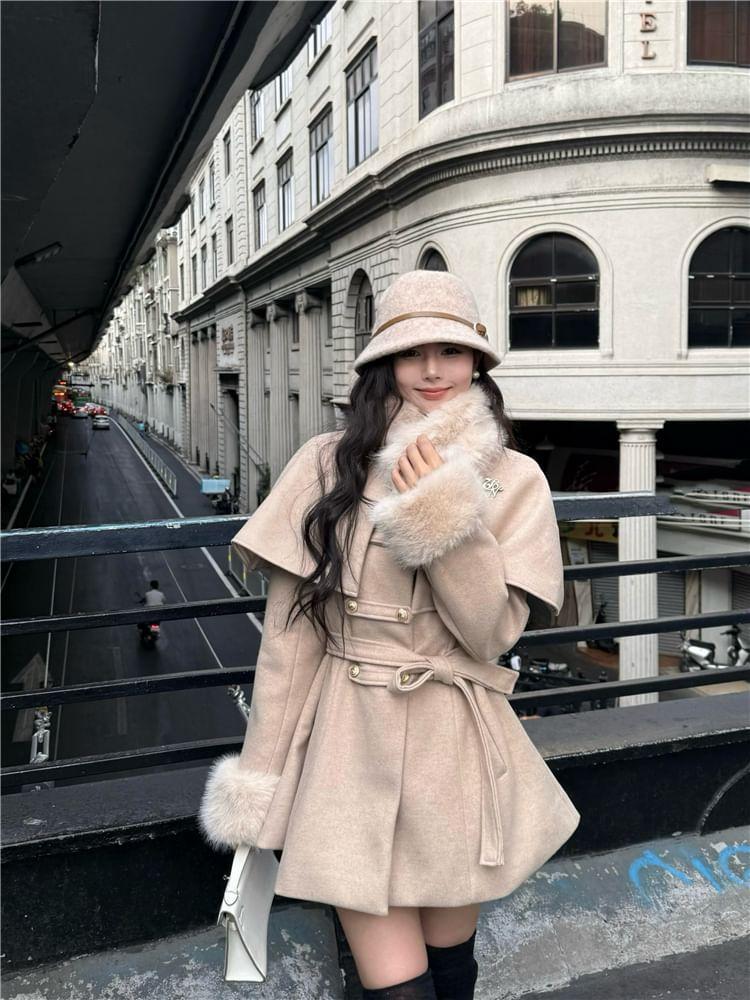 Detachable Cape-Sleeve Furry-Trim Wool Coat with Sash Product Image