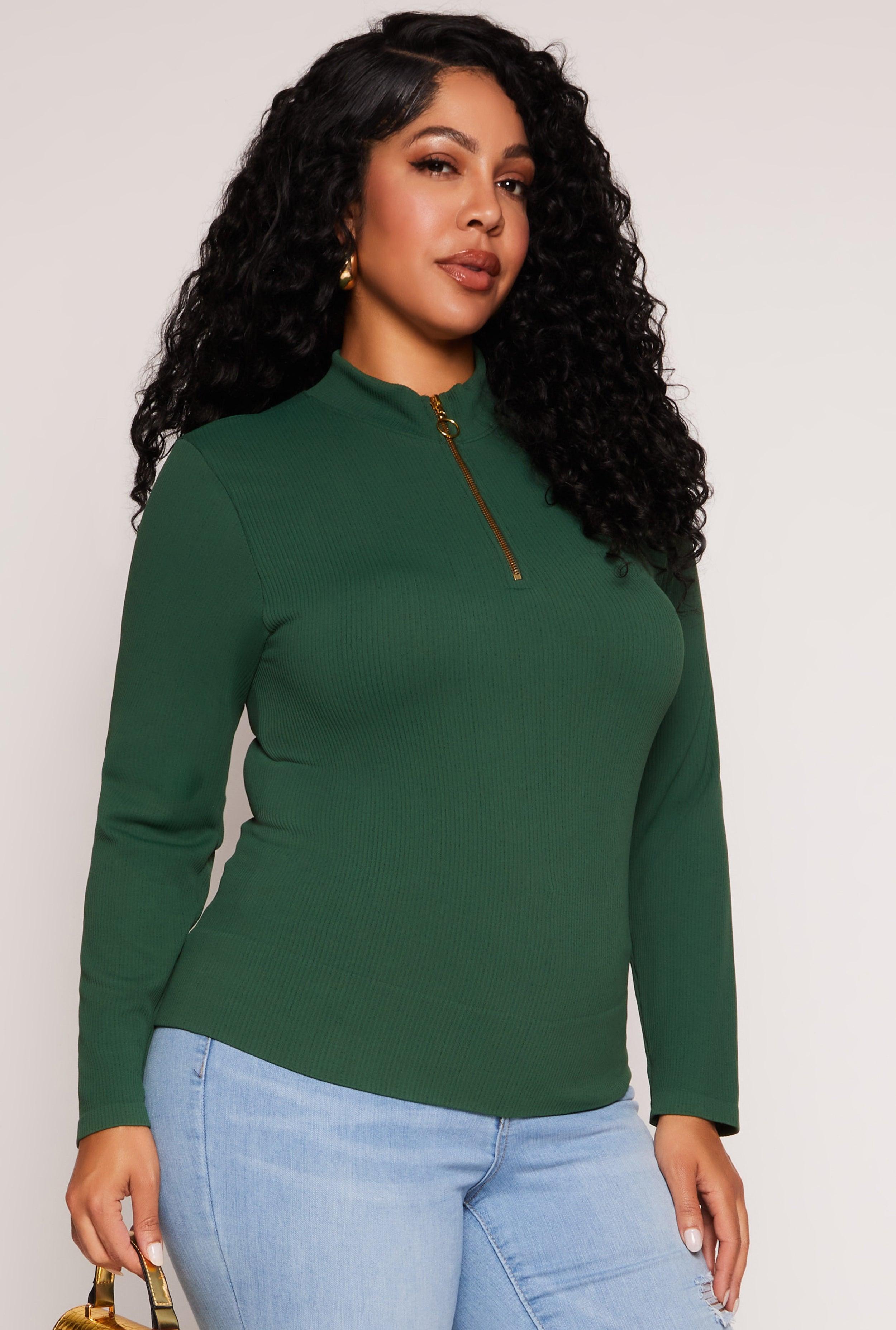 Womens Plus Size Seamless Ribbed Zip Neck Long Sleeve Top Product Image