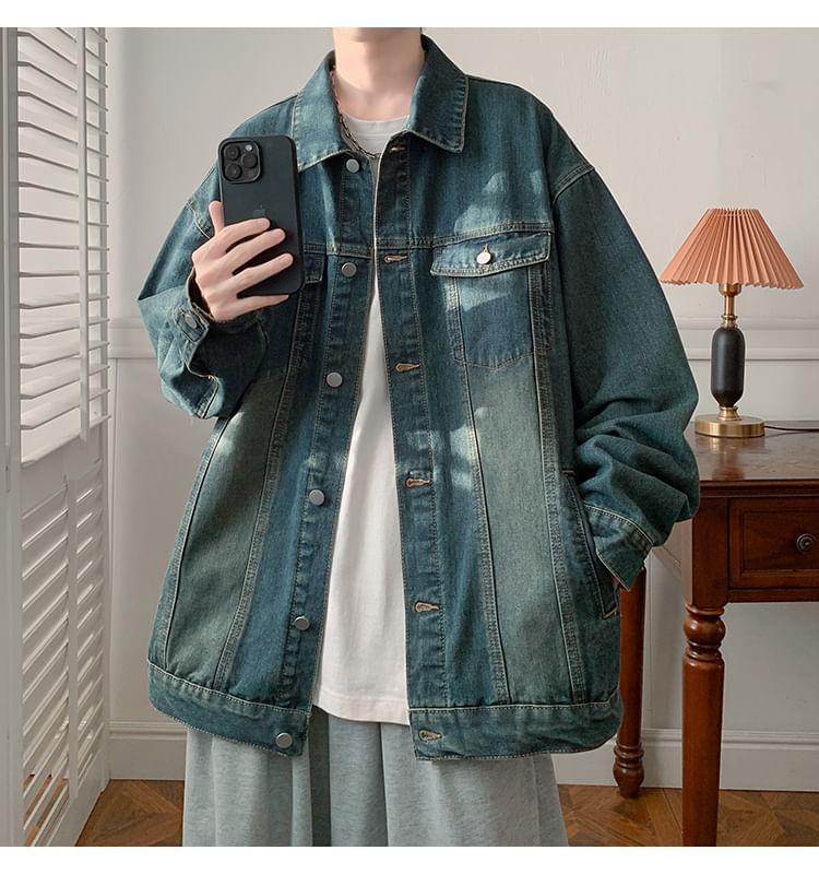 Collared Washed Button Denim Jacket Product Image