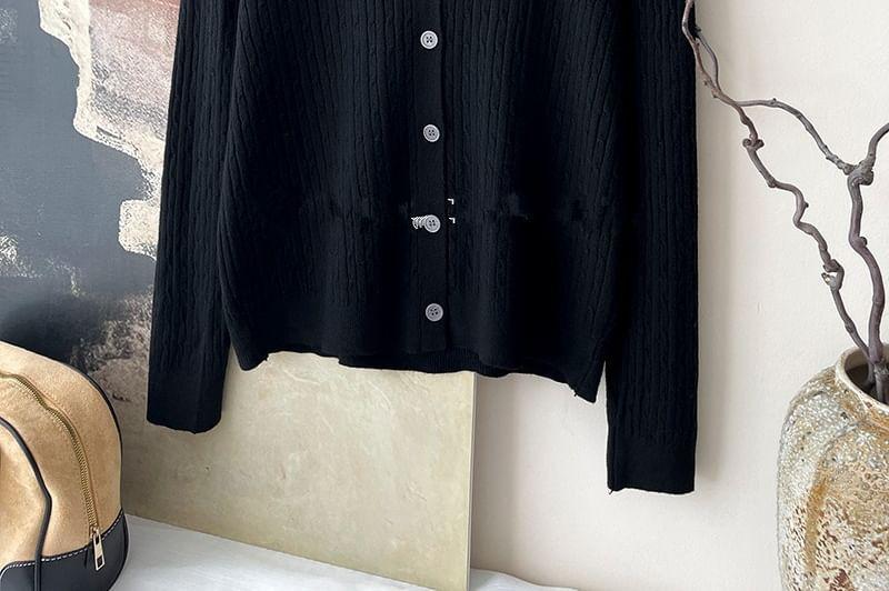 Round Neck Plain Cable Knitted Cardigan Product Image