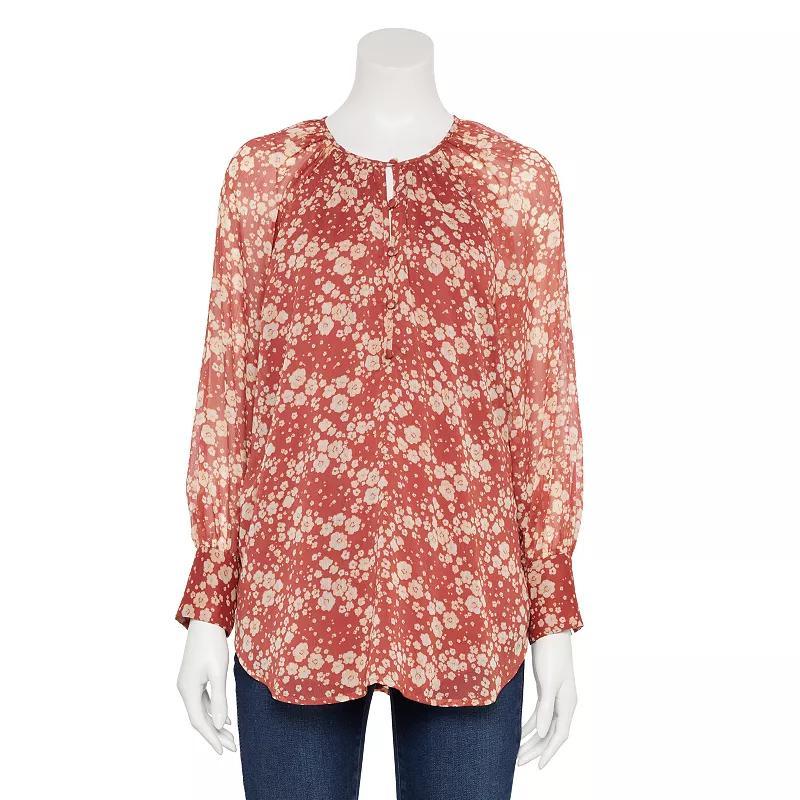 Womens LC Lauren Conrad Shirred Neck High Cuff Tunic Red Daisy Product Image