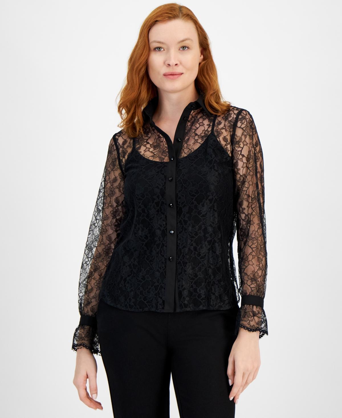 Anne Klein Womens Long-Sleeve Button-Front Lace Shirt product image